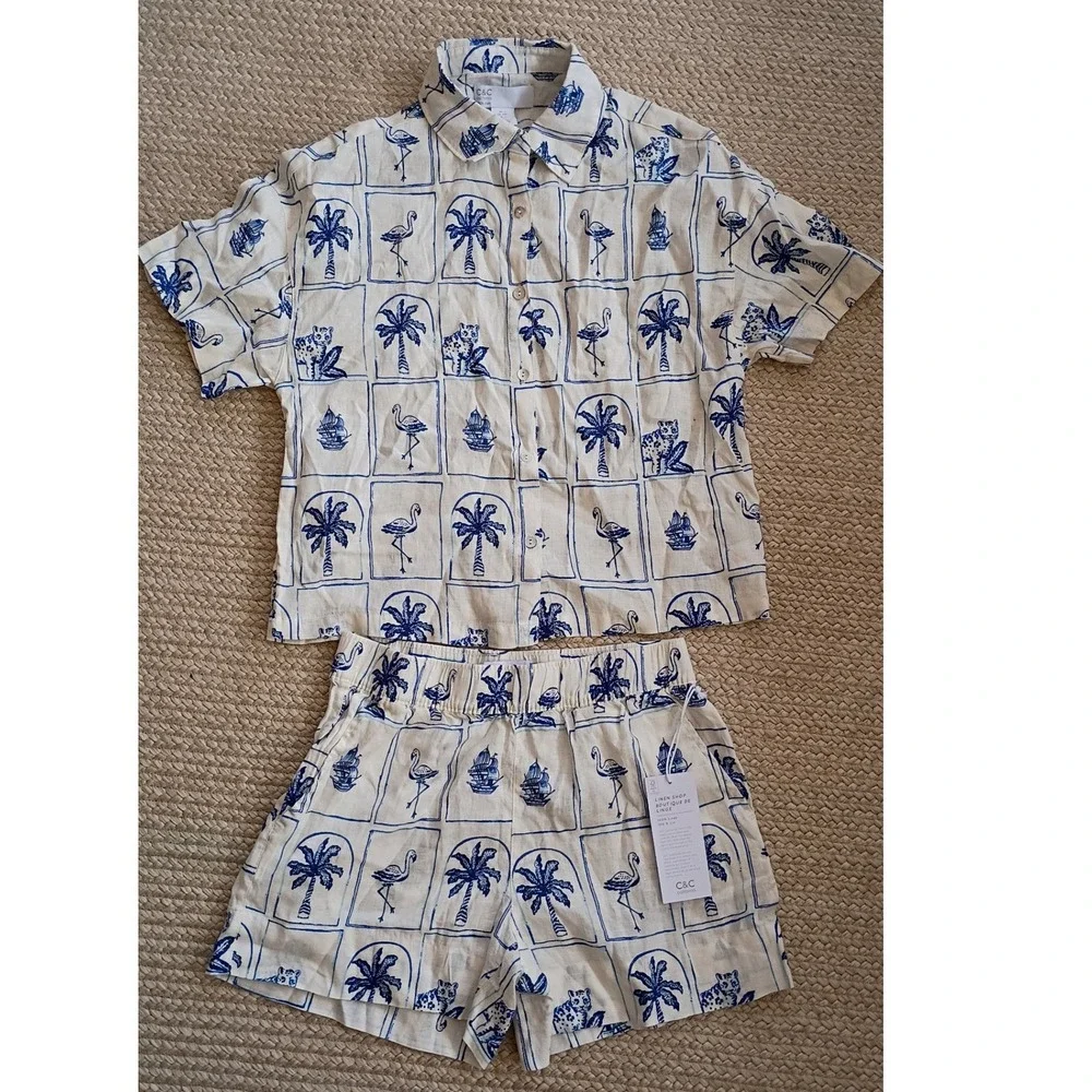 C&C California Linen Matching Set Shirt Shorts Blue White Flamingo Tropical SZ S